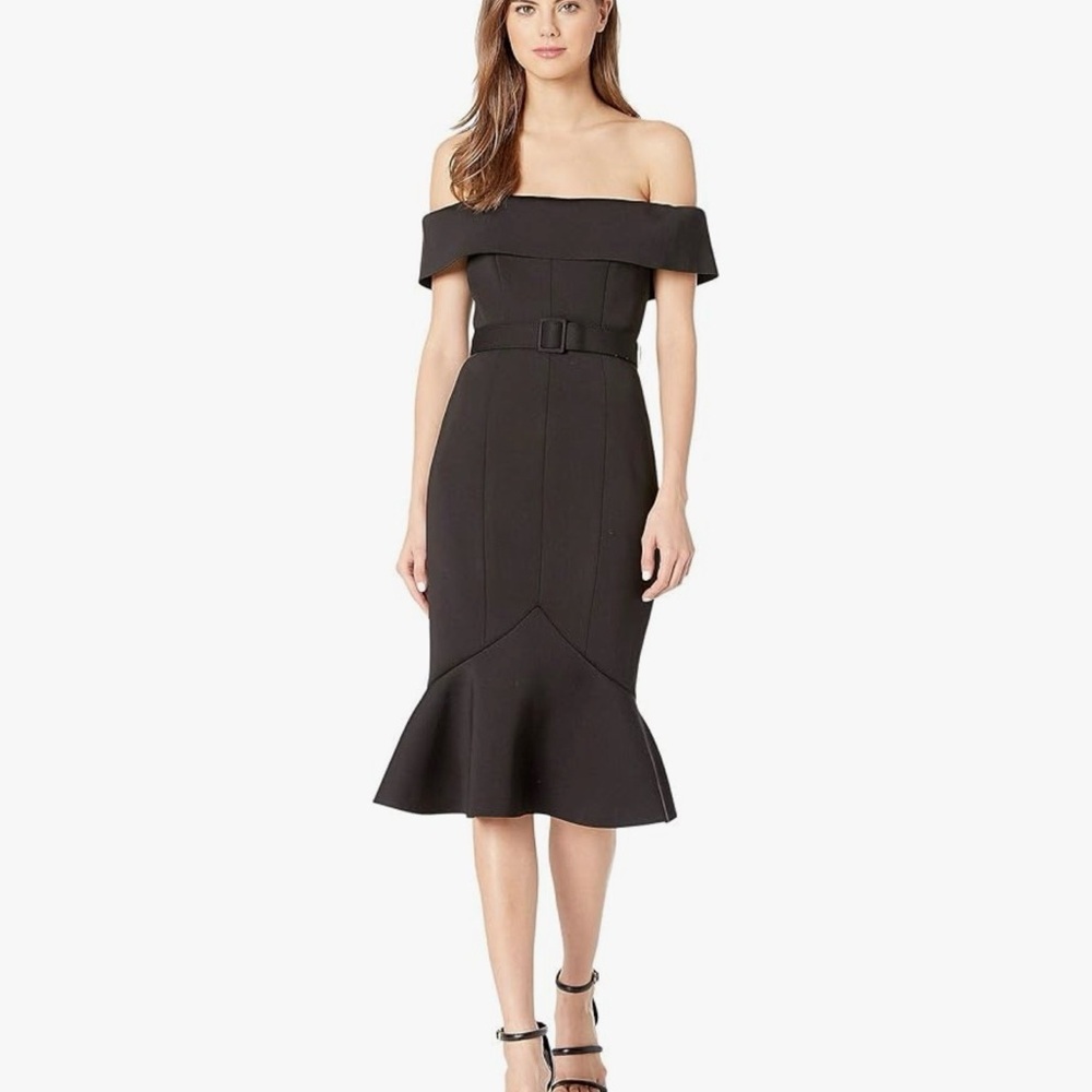 Badgley Mischka Off Shoulder Belted Scuba Dress Black NWT Size 8 - Picture 3 of 14